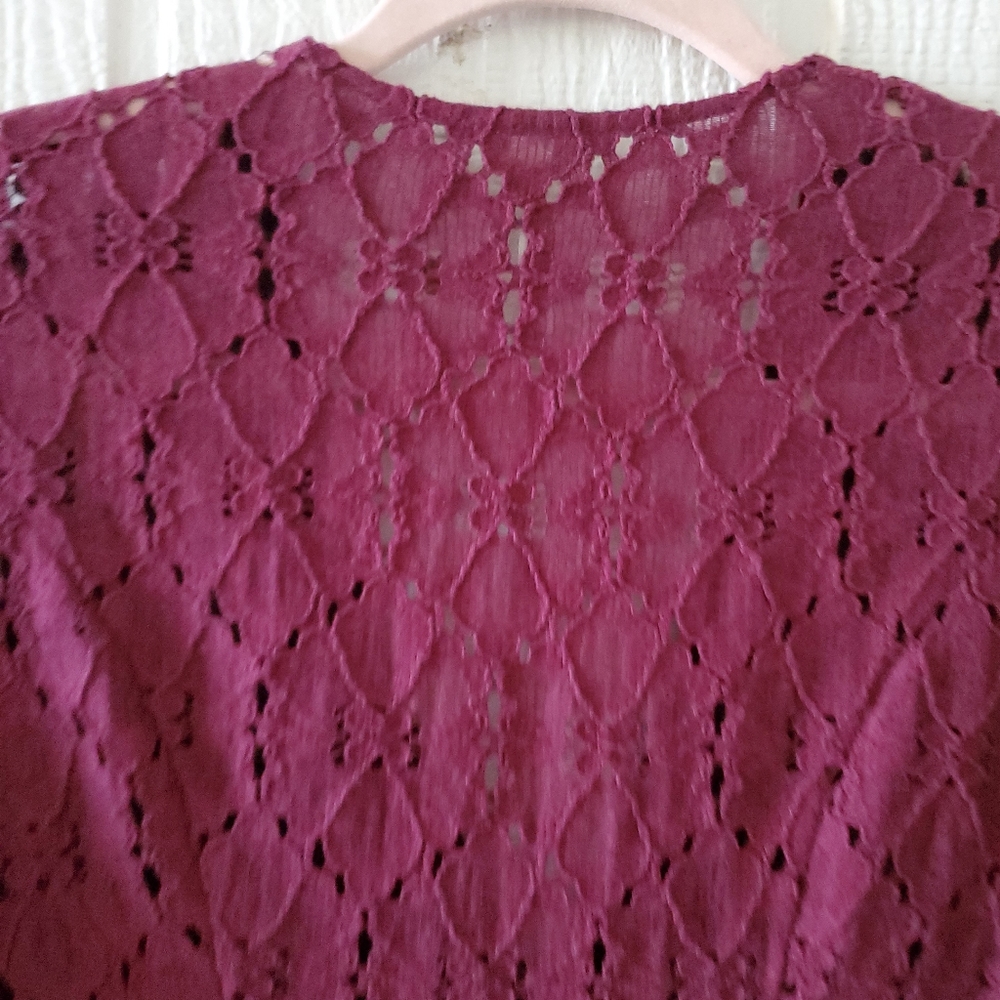 Free People Boho Western Lace V Neck Mini Peasant Bell Sleeves Burgandy sz 0 - Picture 9 of 11